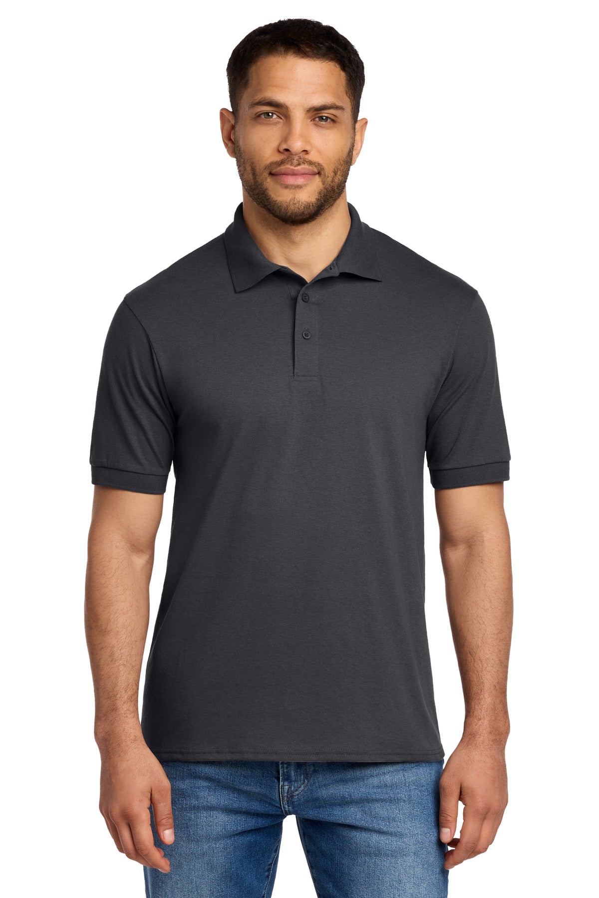 Front View of Charcoal Port & Co Core Blend Jersey Knit Polo. KP55 plain