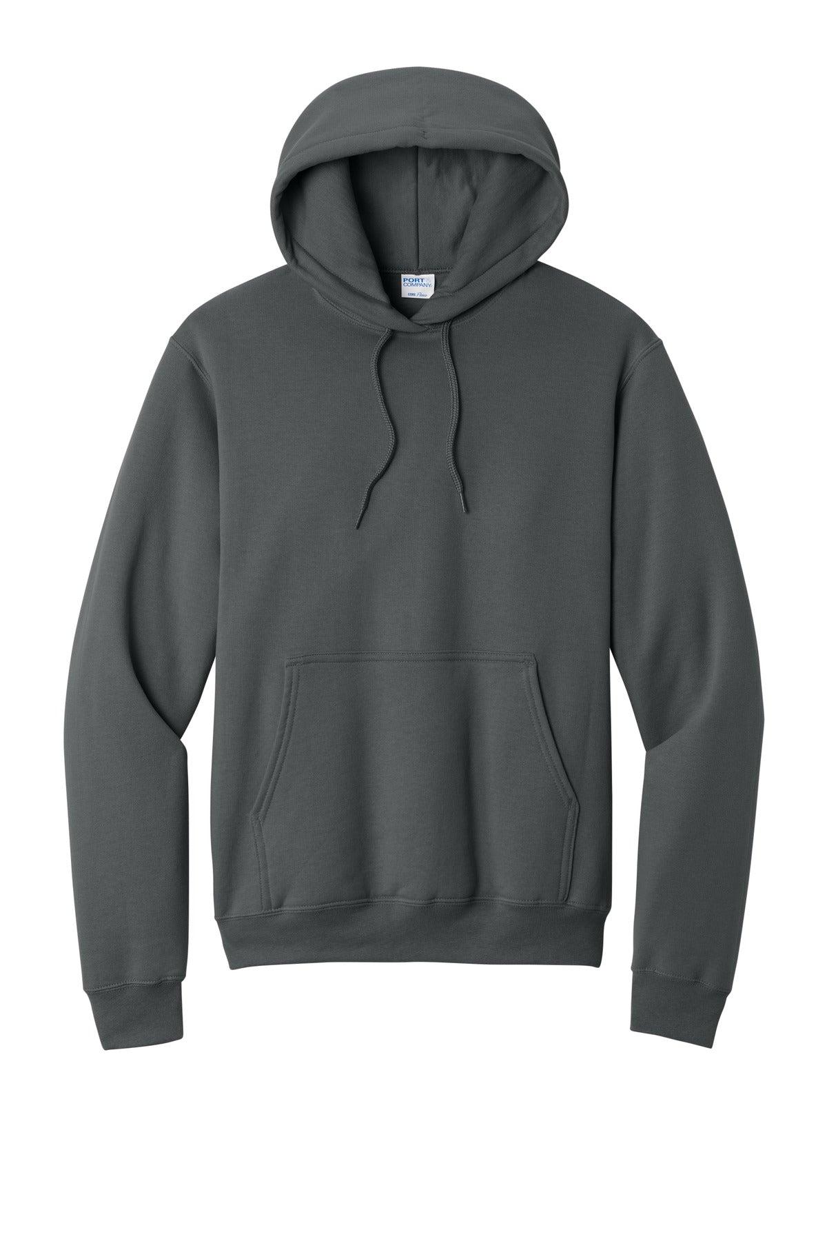 Front View of Charcoal Port & Co Core Fleece Pullover Hooded Sweatshirt. PC78H plain