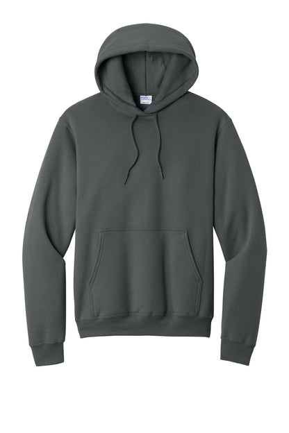 Front View of Charcoal Port & Co Core Fleece Pullover Hooded Sweatshirt. PC78H plain