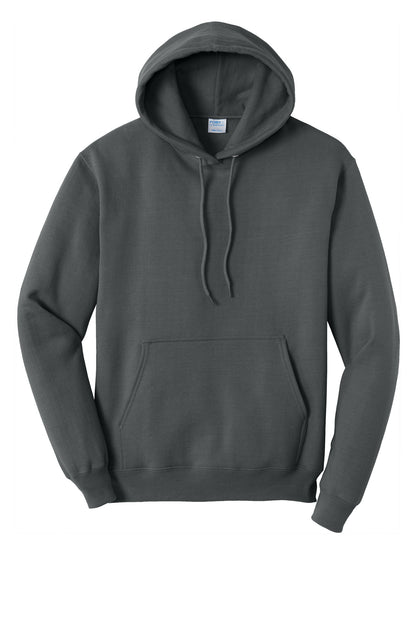 Front View of Charcoal Port & Co Core Fleece Pullover Hooded Sweatshirt. PC78H