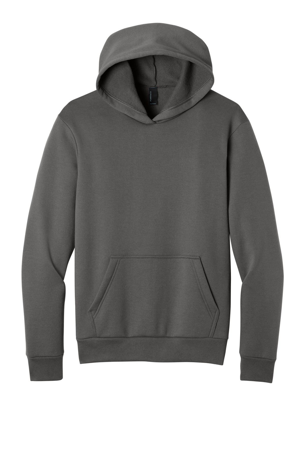 Front View of Charcoal Port & Co Easy Fleece Pullover Hooded Sweatshirt PC68H plain