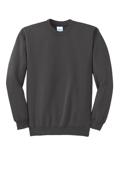 Front View of Charcoal Port & Co Essential Fleece Crewneck Sweatshirt. PC90 plain