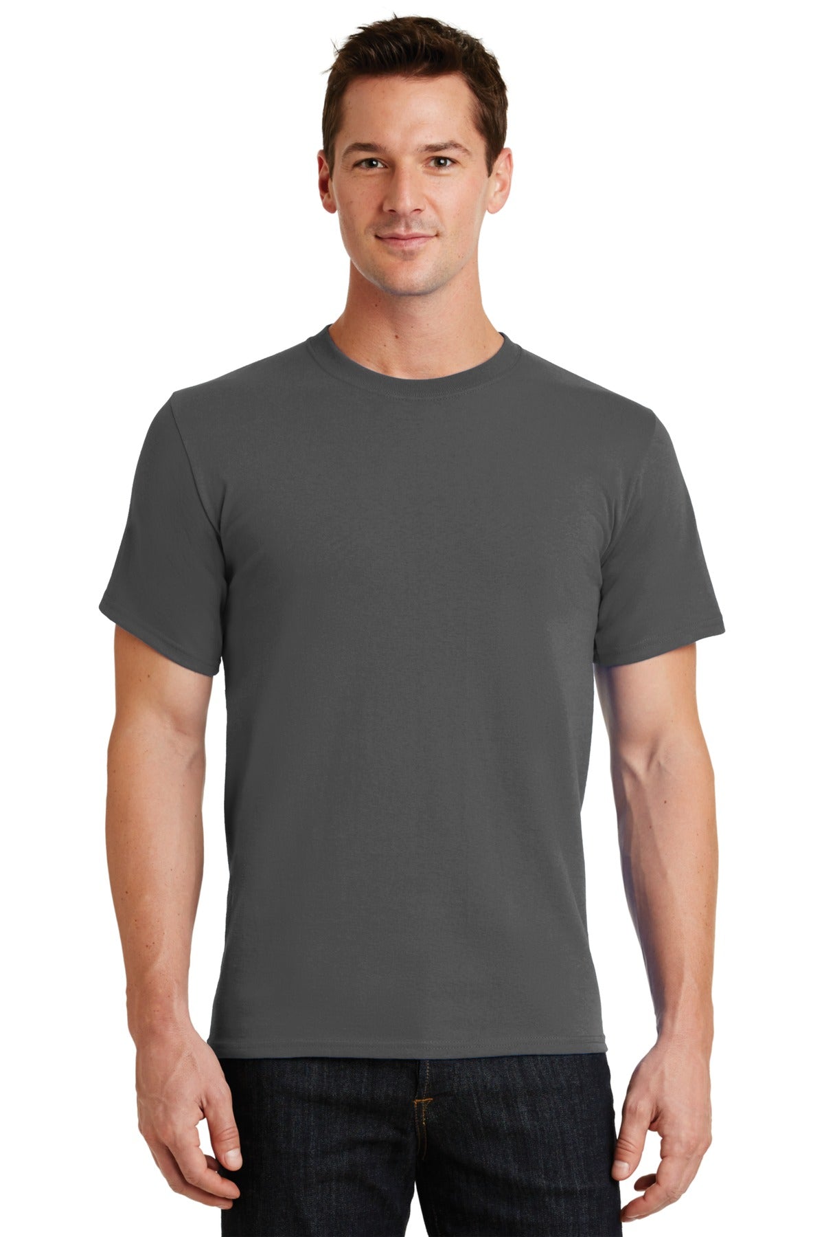 Front View of Charcoal Port & Co Essential Tee. PC61 plain