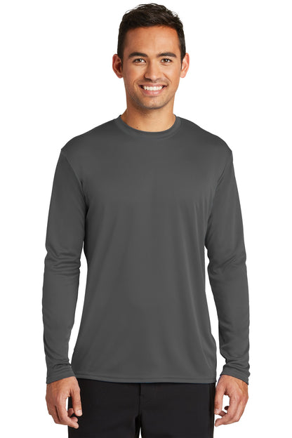 Front View of Charcoal Port & Co Long Sleeve Performance Tee. PC380LS plain