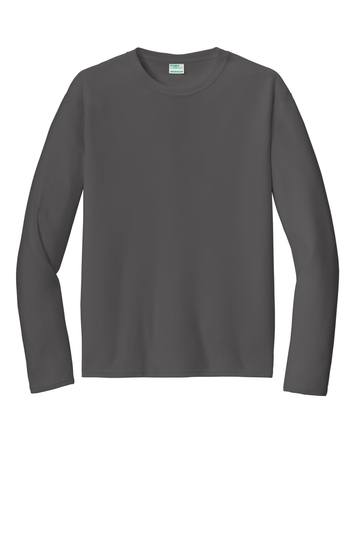 Front View of Charcoal Port & Co Long Sleeve Performance Tee. PC380LS plain