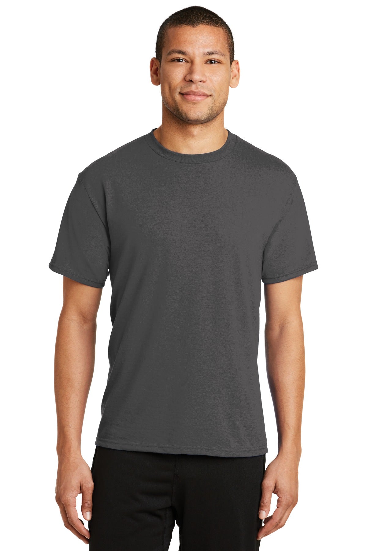 Front View of Charcoal Port & Co Performance Blend Tee. PC381 plain
