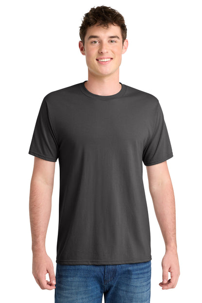 Front View of Charcoal Port & Co Performance Blend Tee. PC381 plain