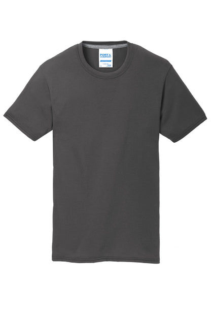 Front View of Charcoal Port & Co Performance Blend Tee. PC381 plain