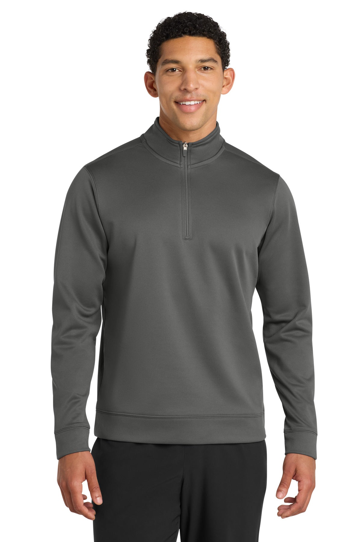 Front View of Charcoal Port & Co Performance Fleece 1/4-Zip Pullover Sweatshirt. PC590Q plain