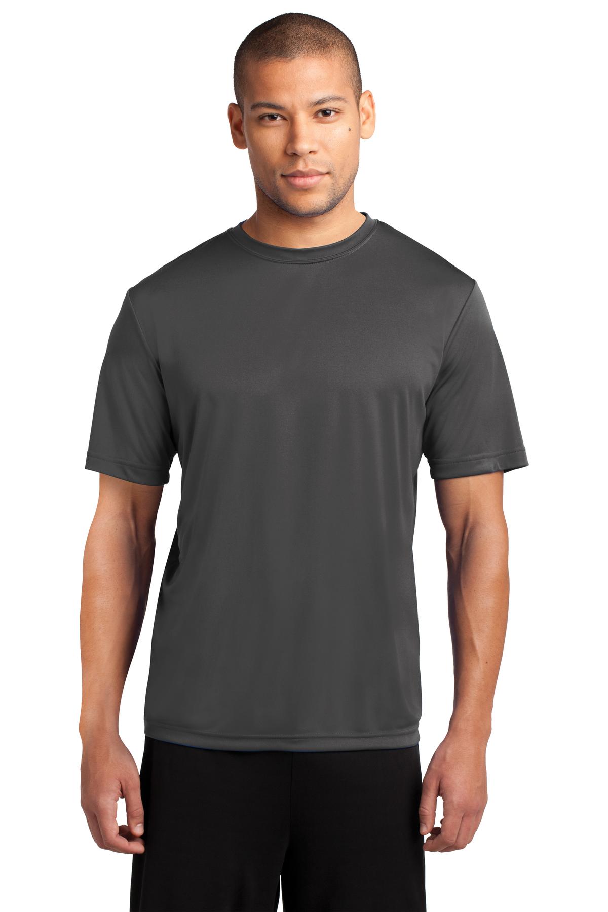 Front View of Charcoal Port & Co Performance Tee. PC380 plain