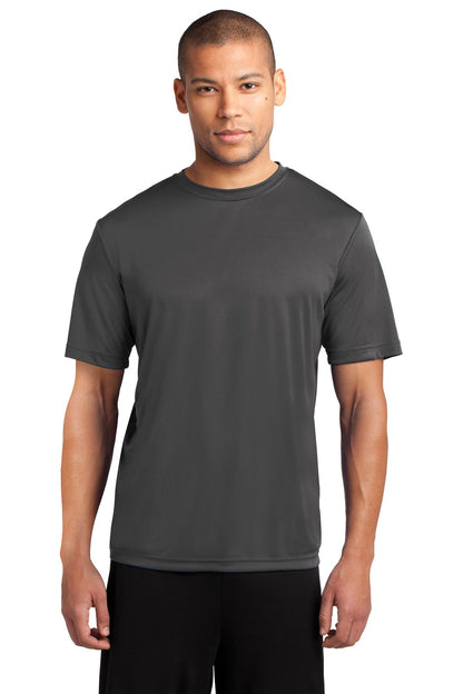 Front View of Charcoal Port & Co Performance Tee. PC380 plain