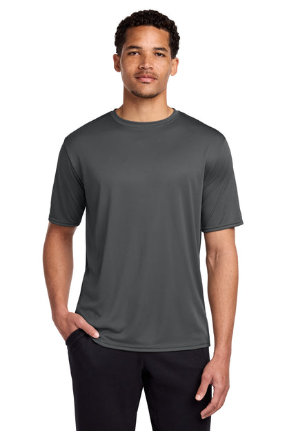Front View of Charcoal Port & Co Performance Tee. PC380 plain