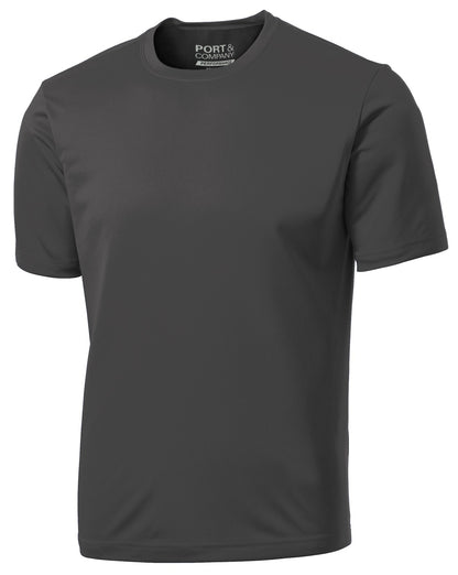 Front View of Charcoal Port & Co Performance Tee. PC380 plain