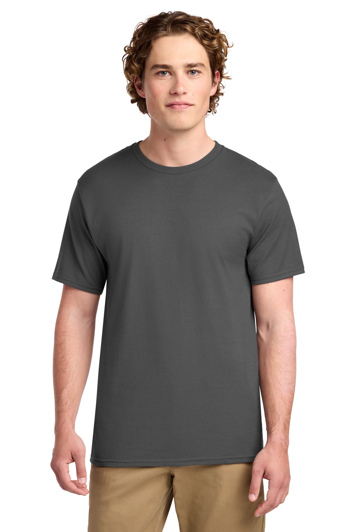 Front View of Charcoal Port & Co Ring Spun Cotton Tee. PC150 plain