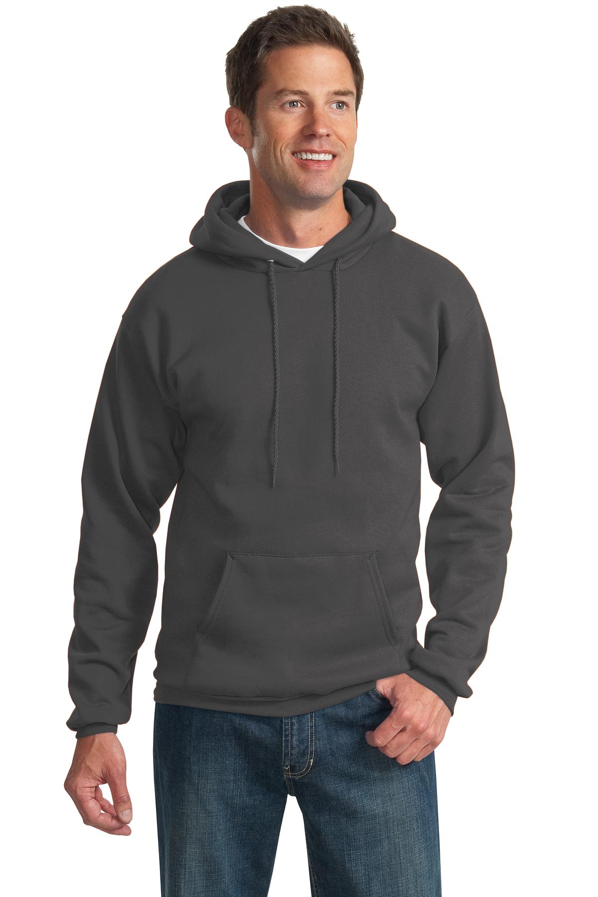 Front View of Charcoal Port & Co Tall Essential Fleece Pullover Hooded Sweatshirt. PC90HT plain