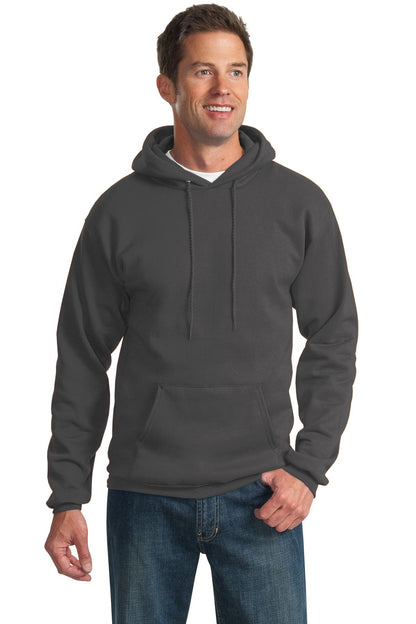 Front View of Charcoal Port & Co Tall Essential Fleece Pullover Hooded Sweatshirt. PC90HT plain