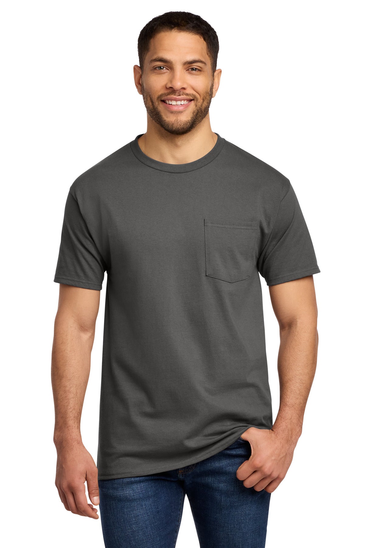 Front View of Charcoal Port & Co Tall Essential Pocket Tee. PC61PT plain