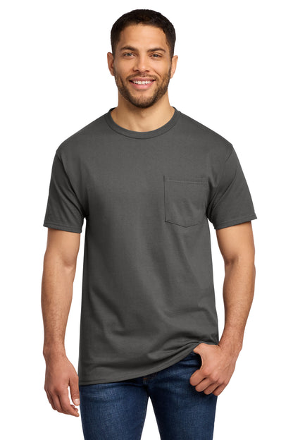 Front View of Charcoal Port & Co Tall Essential Pocket Tee. PC61PT plain