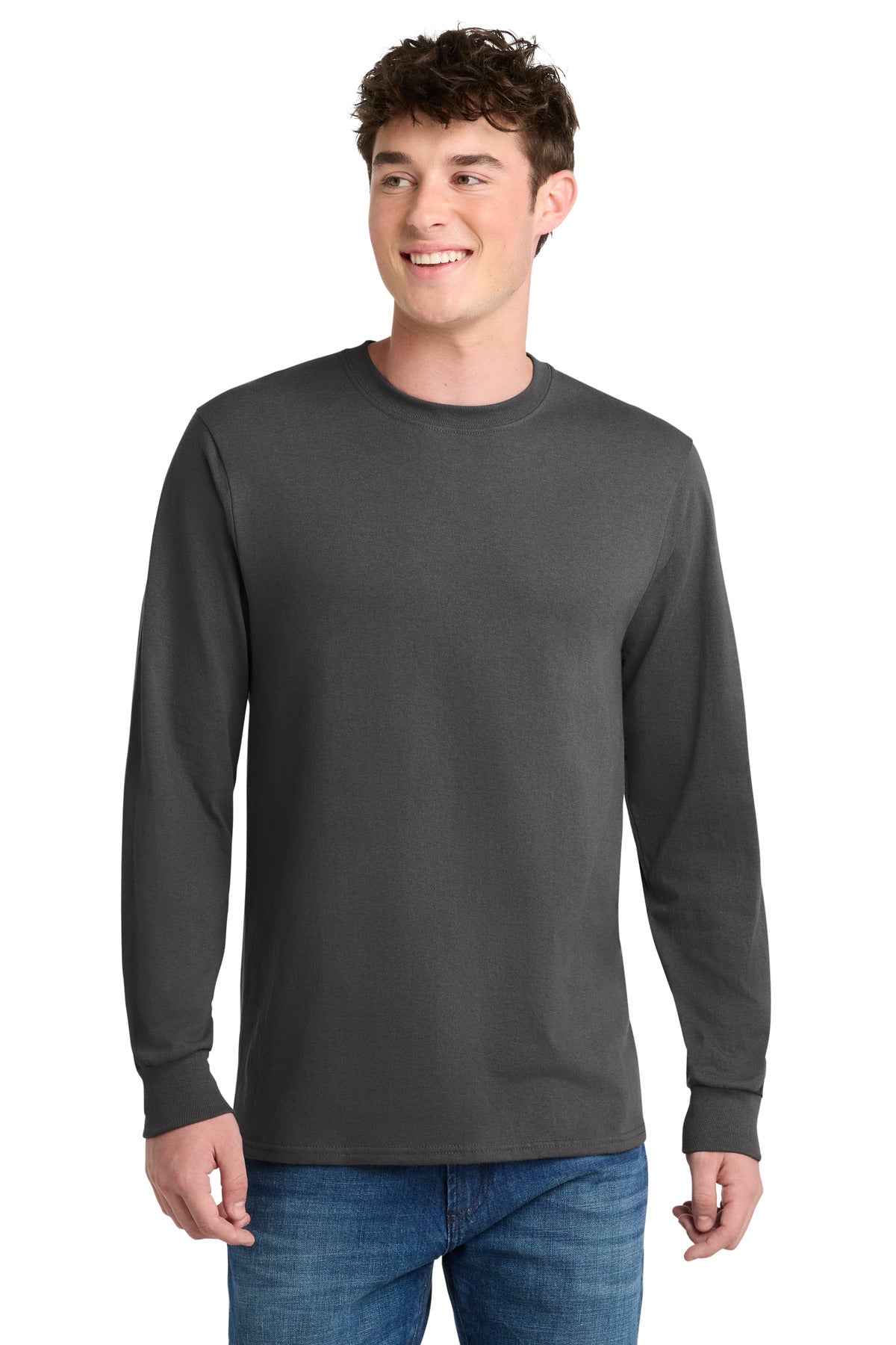 Front View of Charcoal Port & Co Tall Long Sleeve Core Blend Tee. PC55LST plain