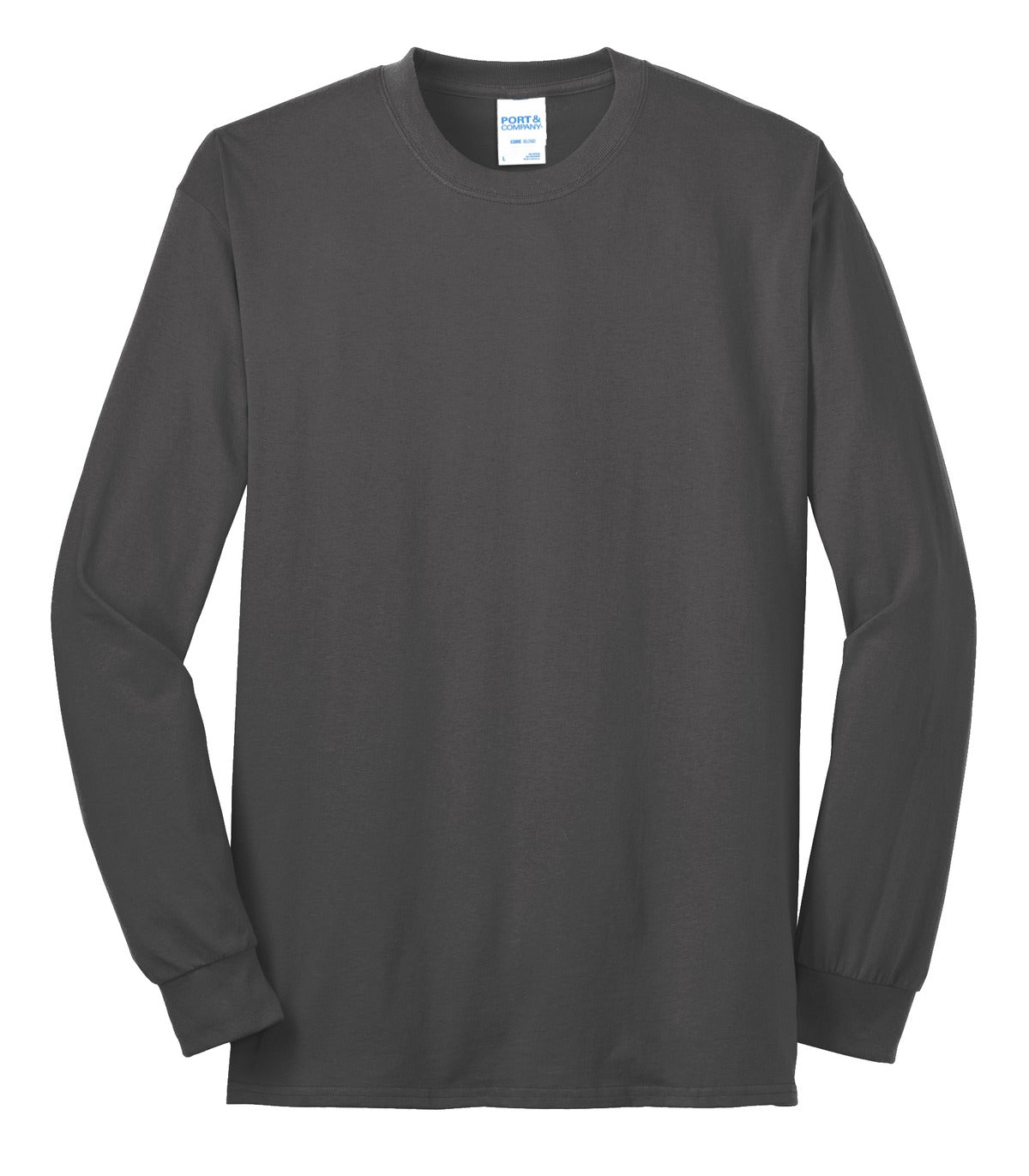 Front View of Charcoal Port & Co Tall Long Sleeve Core Blend Tee. PC55LST plain