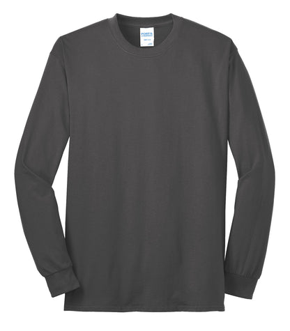 Front View of Charcoal Port & Co Tall Long Sleeve Core Blend Tee. PC55LST plain