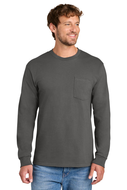 Front View of Charcoal Port & Co Tall Long Sleeve Essential Pocket Tee. PC61LSPT plain