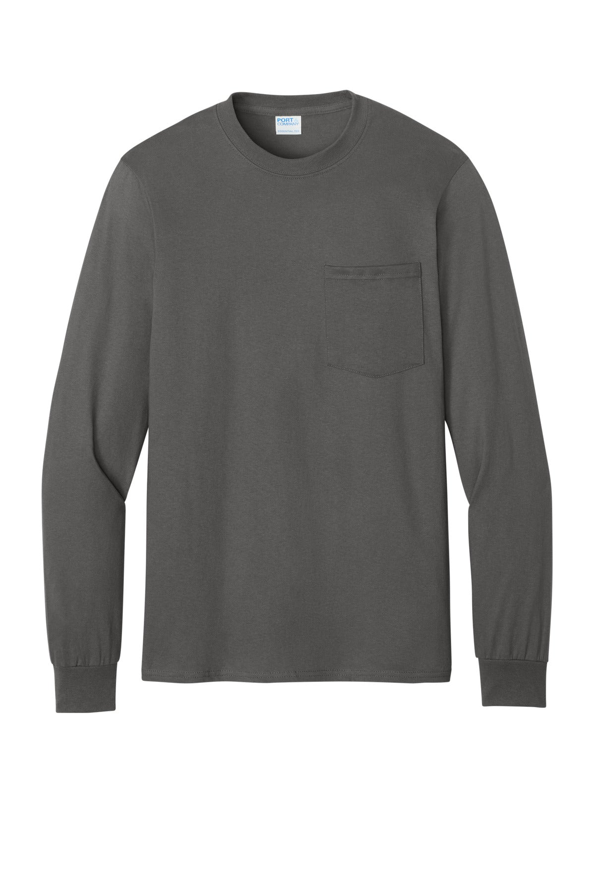 Front View of Charcoal Port & Co Tall Long Sleeve Essential Pocket Tee. PC61LSPT plain