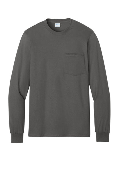 Front View of Charcoal Port & Co Tall Long Sleeve Essential Pocket Tee. PC61LSPT plain
