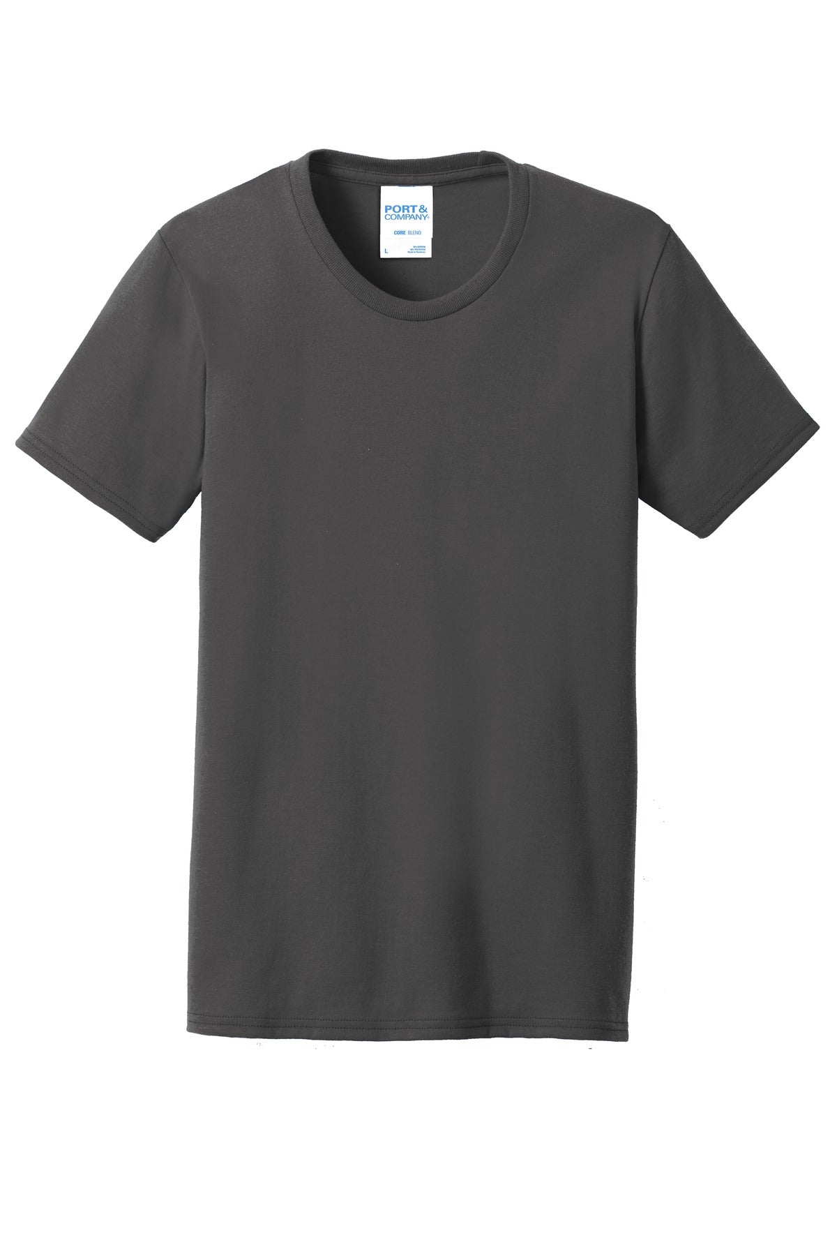 Front View of Charcoal Port & Co Women's Core Blend Tee. LPC55 plain