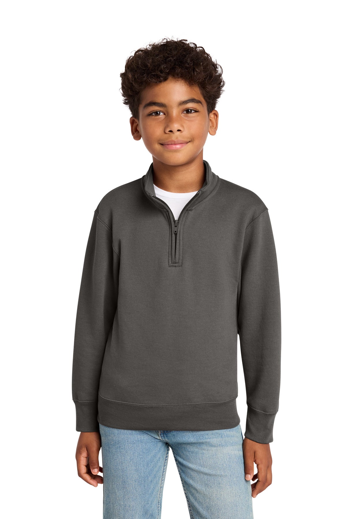 Front View of Charcoal Port & Co Youth Core Fleece 1/4-Zip Pullover Sweatshirt PC78YQ plain