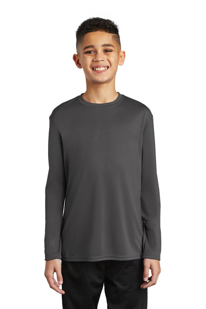 Front View of Charcoal Port & Co Youth Long Sleeve Performance Tee PC380YLS plain