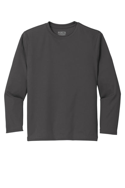 Front View of Charcoal Port & Co Youth Long Sleeve Performance Tee PC380YLS plain