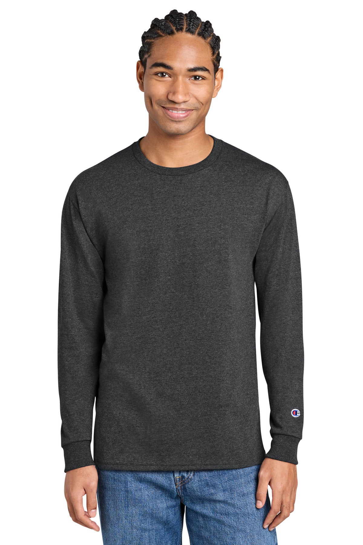 Front View of CharcoalHt Champion Heritage 5.2-Oz Jersey Long Sleeve Tee CC8C plain
