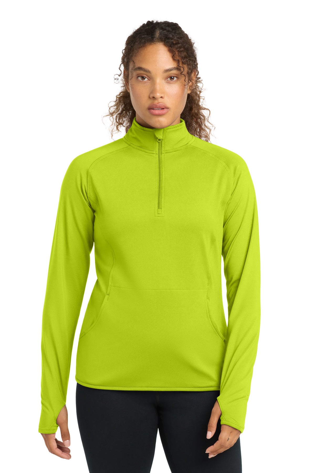 Front View of Charge Green Sport-Tek Women's Sport-Wick Stretch 1/4-Zip Pullover. LST850 plain