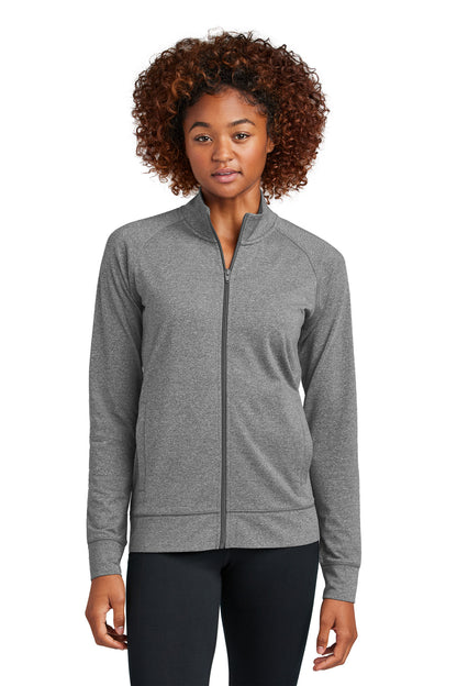 Front View of CharGreyHt Sport-Tek Women's Sport-Wick Stretch Full-Zip Cadet Jacket LST857 plain