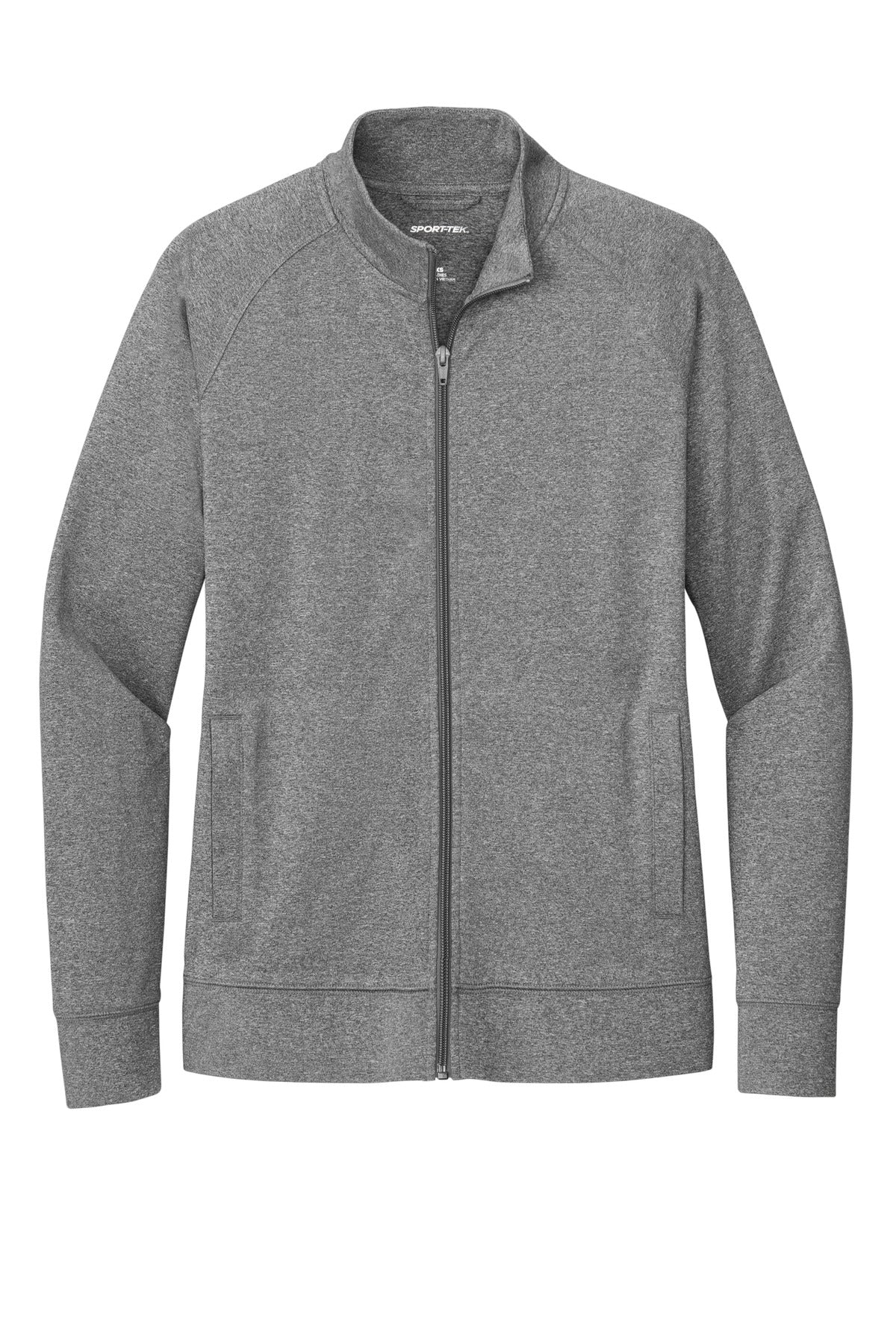 Front View of CharGreyHt Sport-Tek Women's Sport-Wick Stretch Full-Zip Cadet Jacket LST857 plain