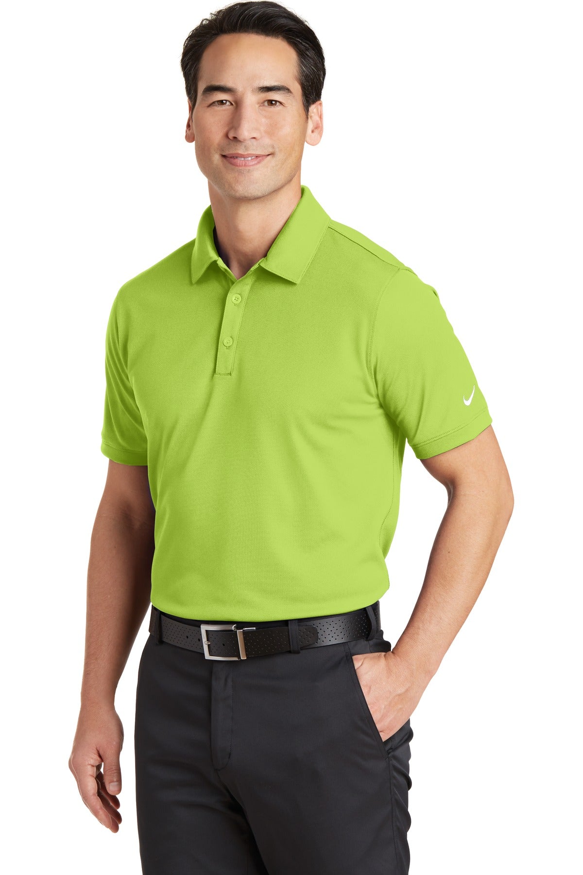 Front View of Chartreuse Nike Dri-FIT Solid Icon Pique Modern Fit Polo. 746099 plain