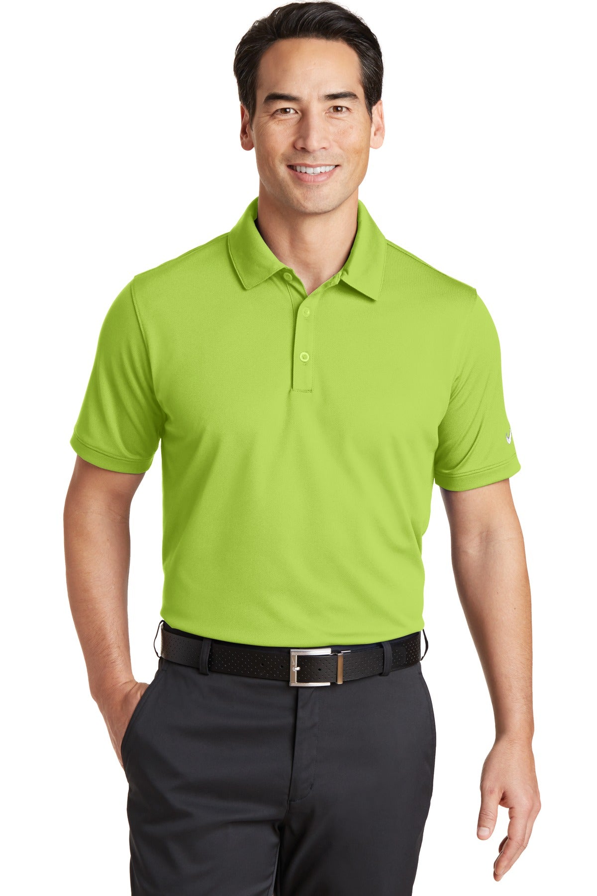 Front View of Chartreuse Nike Dri-FIT Solid Icon Pique Modern Fit Polo. 746099 plain