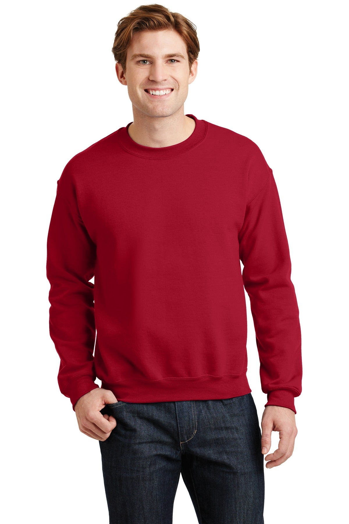 Front View of Cherry Red Gildan Heavy Blend Crewneck Sweatshirt. 18000 plain