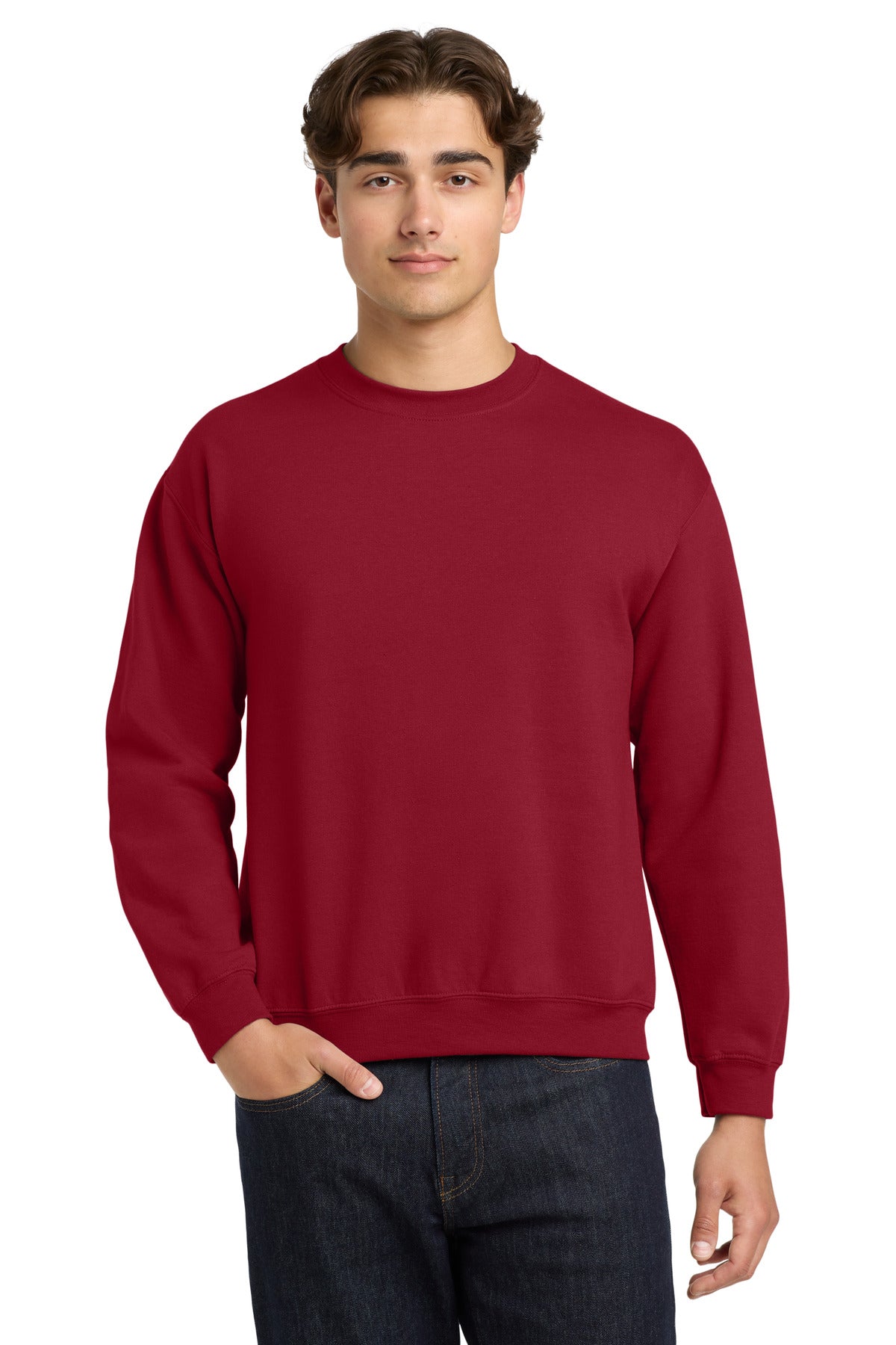 Front View of Cherry Red Gildan Heavy Blend Crewneck Sweatshirt. 18000 plain