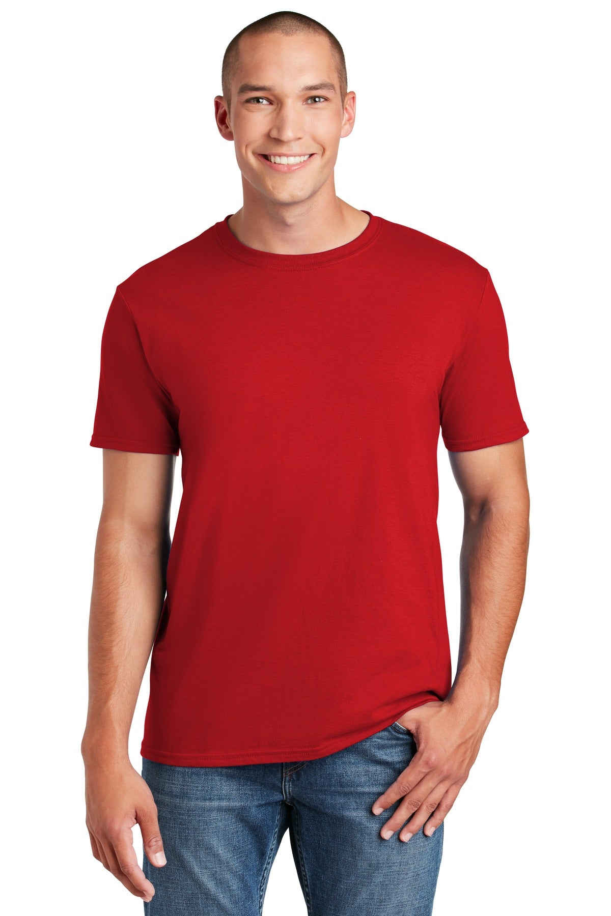 Front View of Cherry Red Gildan Softstyle T-Shirt. 64000 plain