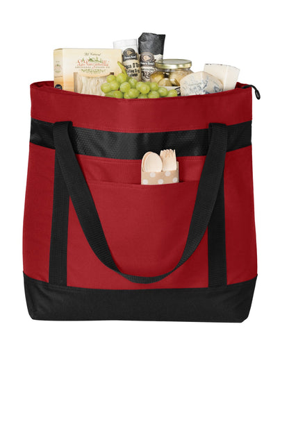 Front View of Chili Red/Blk Port Authority Large Tote Cooler. BG527 plain