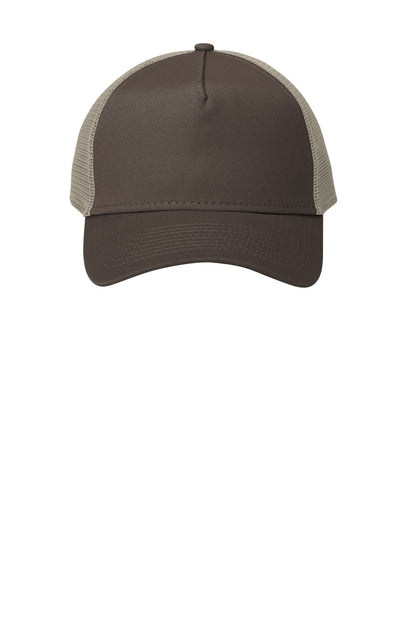Front View of Choc/Khaki New Era Snapback Trucker Cap. NE205 plain