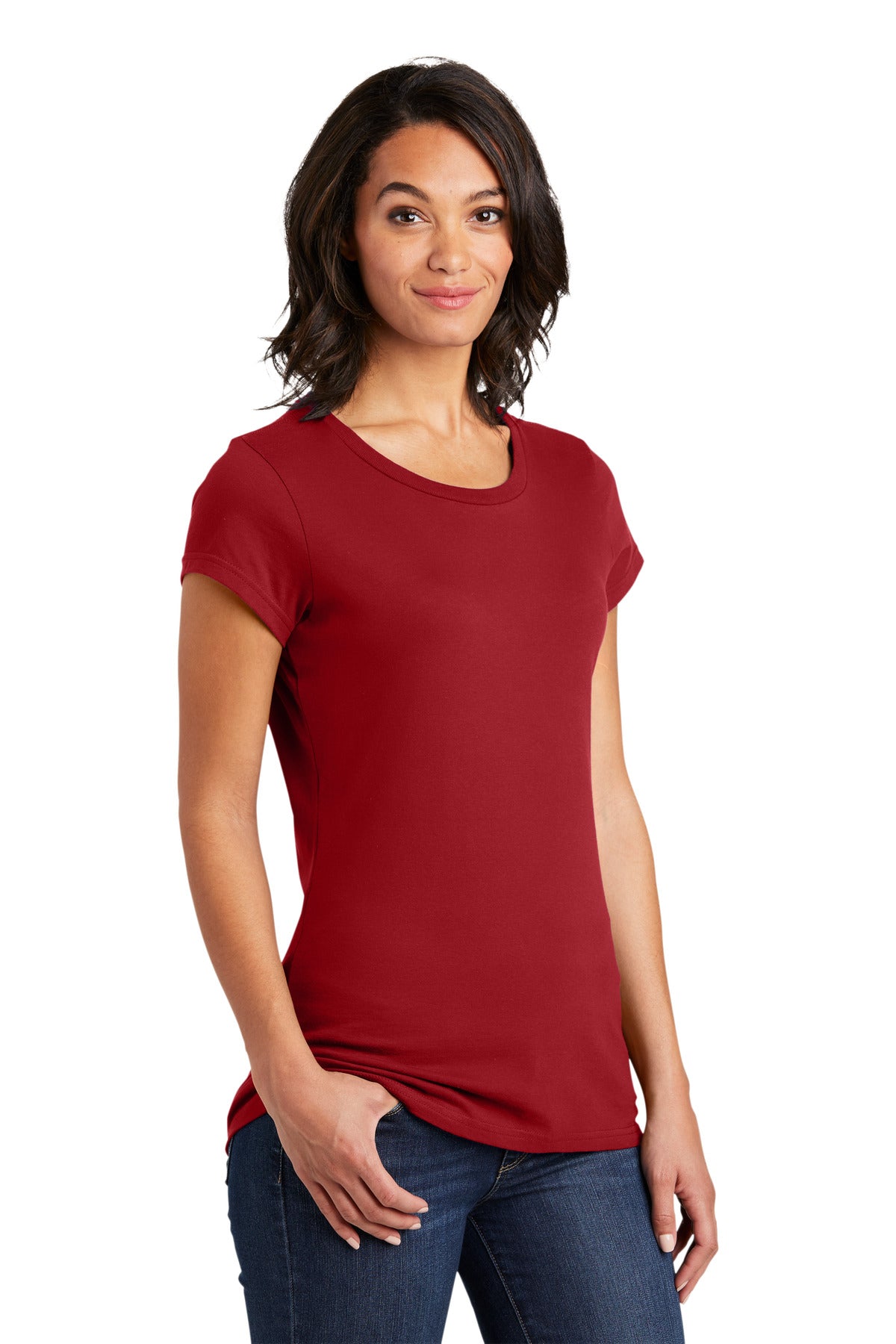 Front View of Classic Red District Women's Fitted Very Important Tee . DT6001 plain