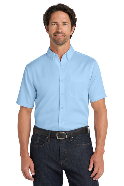 Front View of CloudBlue Port Authority Short Sleeve SuperPro React Twill Shirt. W809 plain