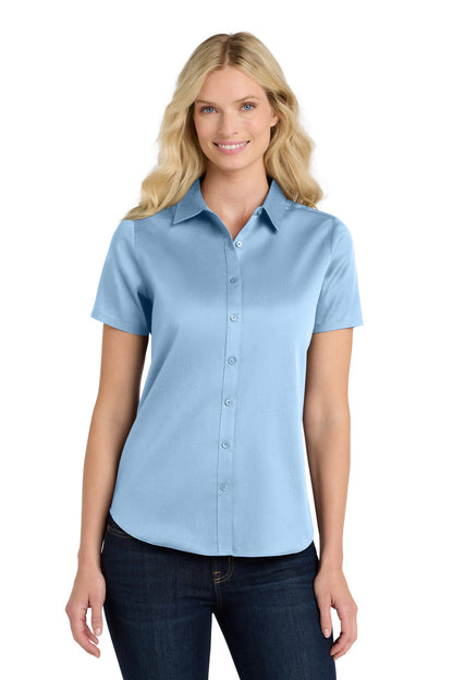 Front View of CloudBlue Port Authority Women's Short Sleeve SuperPro React Twill Shirt. LW809 plain