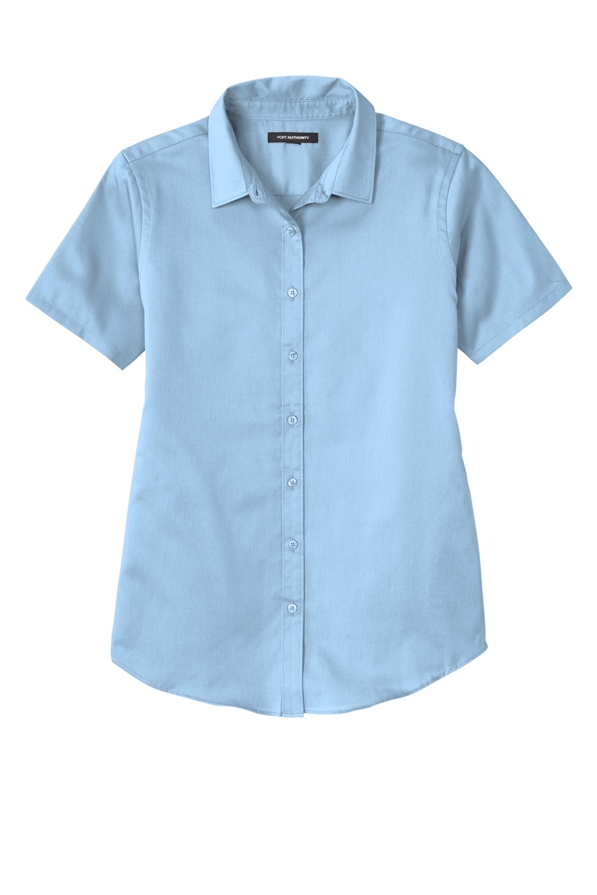 Front View of CloudBlue Port Authority Women's Short Sleeve SuperPro React Twill Shirt. LW809 plain