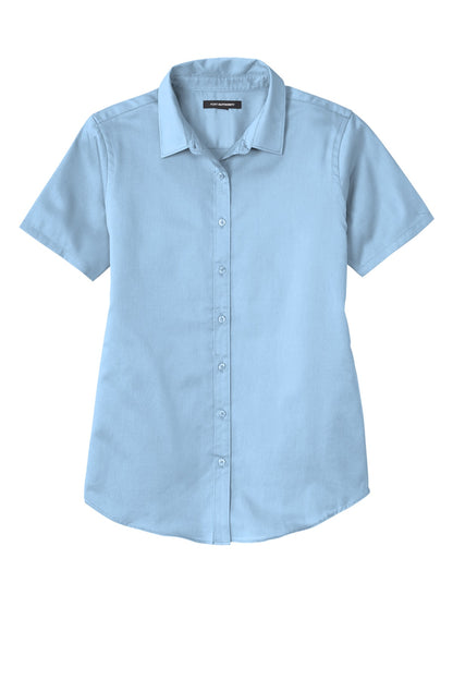 Front View of CloudBlue Port Authority Women's Short Sleeve SuperPro React Twill Shirt. LW809 plain