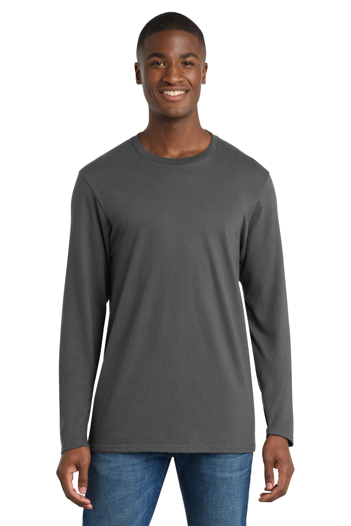 Front View of Coal Grey Port & Co Long Sleeve Bouncer Tee PC600LS plain