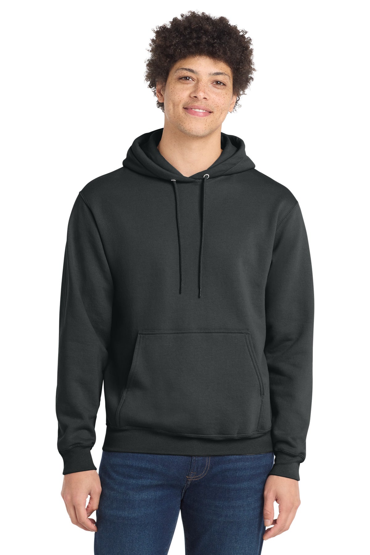 Front View of CoalGrey Port & Co Core Fleece Pullover Hooded Sweatshirt. PC78H plain